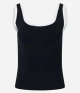 Musculosa negra de viscosa con escote redondo y detalle de ondas en contraste en el borde del cuello.