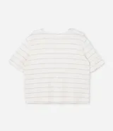 Remera de viscolycra color crema con rayas horizontales doradas, cuello redondo y mangas cortas.