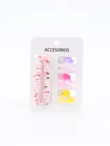 Set de accesorios para el cabello compuesto por dos colitas tipo scrunchie de tela estampada en tonos celestes y tres broches tipo pinza de acrílico translúcido en colores azul, celeste y rosado.