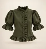 Camisa de lino color verde militar, con cuello alto con volados, botonadura frontal oculta con detalles de volados, mangas cortas abullonadas con puños elásticos fruncidos y dobladillo con volados.