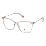 Armazón de anteojos Teresa Calandra modelo C36Z, con frente de acetato en tono rosa traslúcido y patillas metálicas finas en color dorado.