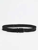 Cinto Harrington Label de cuero marrón oscuro con diseño trenzado y hebilla metálica rectangular oscura.