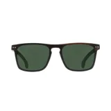 Lentes de sol con montura cuadrada de madera color marrón y lentes verdes.