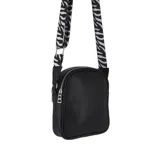 Bandolera negra de cuero tipo floutter, con doble cierre superior y correa de algodón regulable con estampado de cebra.