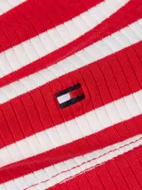 Vestido midi ajustado de viscosa elástica con textura acanalada a rayas horizontales rojas y blancas. Sin mangas, con cuello redondo y espalda deportiva. Logo de Tommy Hilfiger bordado en el bajo.