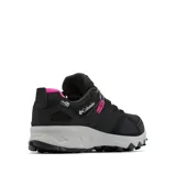 Championes de senderismo Columbia, modelo Peakfreak Hera Outdry, color negro con detalles en gris y fucsia. Presentan tecnología impermeable OutDry, entresuela TechLite+ para amortiguación y suela Adapt Trax para tracción en diversos terrenos.