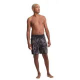 Short de baño Volcom con diseño estampado de hojas en tonos verde y rosado sobre fondo negro. Presenta cintura fija con cordón de ajuste y corte regular.