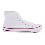 Championes de lona blancos de caña alta con cordones y suela de goma con líneas decorativas en rojo y negro.