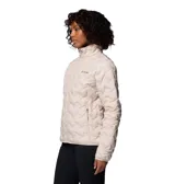 Campera técnica Columbia con tecnología Omni-Heat reflectante y construcción HeatSeal sin costuras. Presenta un diseño acolchado con patrón geométrico, cierre frontal completo, cuello alto con protector de barbilla y bolsillos laterales con cierre.