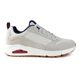 Championes Skechers Street Uno - Stacre, color gris claro con detalles en azul marino y rojo. Capellada de gamuza suave y cuero sintético texturizado, plantilla Skechers Air-Cooled Memory Foam y entresuela con airbag visible Skech-Air.