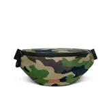 Riñonera verde de pana con correa ajustable negra y logo de la marca en cuero sintético. Reversible, con cierre YKK y compartimento principal con bolsillo lateral. Se puede usar en la cintura o al hombro.