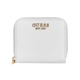 Billetera compacta Guess modelo Laurel II, color blanco con textura saffiano. Cuenta con cierre perimetral metálico y logo de la marca en letras doradas en el frente.