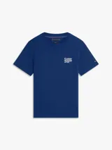 Remera de manga corta Tommy Hilfiger de color azul, con cuello redondo y logo gráfico de la marca estampado en el pecho.