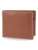 Billetera de cuero premium color marrón, con costuras visibles a contratono y logo grabado de la marca Terrano en el frente.