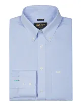 Camisa de manga larga RKF con estampado de microcuadros en tono celeste y blanco. Presenta cuello button-down, cierre frontal con botones, bolsillo en el pecho con logo bordado y puños ajustables con detalle de cinta decorativa.