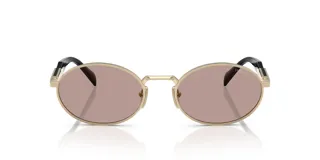 Lentes de sol Prada modelo 65Z, con armazón metálico dorado de formato ovalado y patillas combinadas con detalles en negro. Lentes en tono rosado.
