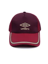 Gorro tipo visera Umbro modelo Trener, en colores bordo y rojo, con logo de la marca bordado en el frente y detalles en tono tostado en la visera.