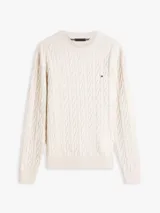 Sweater de punto trenzado Tommy Hilfiger color beige, confeccionado en puro algodón, con cuello redondo y logo bordado en el pecho.