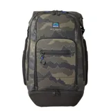 Mochila Rip Curl modelo F-Light Surf 45L Search, con diseño estampado de camuflaje en tonos verde militar y negro. Cuenta con múltiples compartimentos, bolsillos con cierre y tiradores con cordón azul.