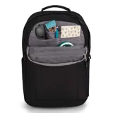 Mochila negra JanSport Landings Pack con múltiples compartimentos, funda para laptop, acolchado en la espalda y tirantes, manija superior reforzada y pasador para valija.