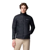 Campera puffer híbrida Columbia modelo Powder Pass Hybrid, color negro, con diseño acolchado en el frente y la espalda, y paneles laterales elásticos. Cuenta con cuello alto, cierre frontal completo y el logo de la marca bordado en el pecho.