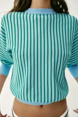 Sudadera de punto con cuello redondo y manga larga, de diseño a rayas verticales celestes y verdes, con puños y ribetes lisos en color celeste.