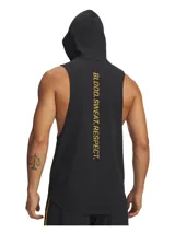 Musculosa deportiva con capucha y cordones ajustables, color negro. Presenta un estampado gráfico dorado en el pecho con las letras BSR y huesos cruzados. Cuenta con sisas amplias para mayor movilidad y un bolsillo canguro delantero.