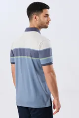 Remera polo de manga corta con diseño de franjas horizontales en tonos azul, beige, marrón y celeste. Cuenta con cuello camisero, cierre frontal de dos botones y pequeño logo bordado en el pecho.