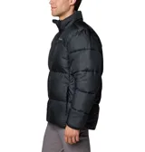 Campera puffer Columbia modelo Puffect III, color negro, con cierre frontal completo, cuello alto, bolsillos laterales con cierre y logo de la marca bordado en el pecho.