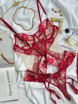Set de lencería de tul transparente nude con bordado floral rojo, compuesto por un corset con sostén de aro y portaligas integrado, una tanga con apertura trasera y guantes cortos translúcidos con volados.