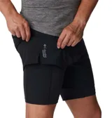 Short deportivo de running 2 en 1 para hombre, con calza de compresión integrada, bolsillos laterales de malla y detalles reflectantes.