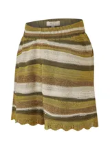 Short de tejido de punto RKF modelo Robie, de tiro alto y ajuste elástico en la cintura, con diseño de rayas horizontales en tonos verdes, beige y marrones, y terminación con ondas en el ruedo.