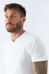 Remera básica de hombre con escote en V y manga corta. Presenta un diseño liso con logo bordado en el pecho.