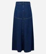 Pollera midi de jean azul, de corte evasé con recortes estructurales y tiro alto.
