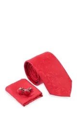 Set de regalo Florenzi, compuesto por corbata azul con estampado de flores blancas, pañuelo de bolsillo a juego y gemelos forrados en la misma tela. Presentado en caja negra con el logo de la marca.