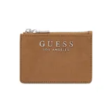 Billetera compacta Guess modelo Alisha, color marrón con acabado tipo gamuza. Presenta cierre superior metálico y el logo de la marca en letras plateadas en el frente.