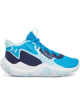 Championes de básquet Under Armour modelo GS Jet 23, con diseño de caña media en tonos azules y blancos. Presentan una parte superior de malla transpirable con refuerzos sintéticos, entresuela Micro G® para mayor amortiguación y suela de goma con patrón de tracción anatómico.