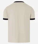 Remera color beige de algodón, modelo baby tee, con cuello y mangas con ribete negro. Estampa en el pecho con la frase "Boys Should Cry".