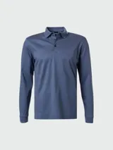 Polo azul de manga larga con cuello clásico y tapeta de dos botones. Presenta un pequeño logo bordado en el pecho. Corte recto.
