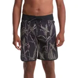 Short de baño Volcom con diseño estampado de hojas en tonos verde y rosado sobre fondo negro. Presenta cintura fija con cordón de ajuste y corte regular.
