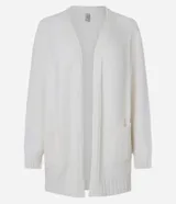 Cardigan largo de chenille con textura acanalada, manga larga y bolsillos delanteros. Presenta un diseño abierto y versátil, ideal para diversas ocasiones.