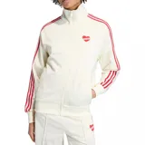 Campera deportiva Adidas Firebird Loose de color blanco hueso con rayas rojas en las mangas y cuello alto. Cuenta con cierre frontal y un parche bordado en forma de corazón rojo con tres líneas blancas en el pecho.