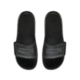 Ojotas Puma modelo Royalcat Comfort 2, color negro, con tira ancha ajustable mediante velcro que lleva el logo PUMA en relieve.