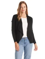 Cardigan de tejido liviano con frente abierto y caída fluida. Presenta mangas largas entalladas con puños acanalados y detalle de botones en la espalda.