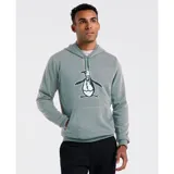 Buzo con capucha de felpa color verde grisáceo, con estampado central del logo de pingüino de la marca. Cuenta con bolsillo tipo canguro y cordones ajustables en la capucha.