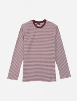 Remera de manga larga a rayas horizontales color borgoña y blanco, con cuello redondo.
