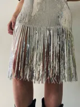 Vestido corto plateado de lentejuelas con escote en V, mangas cortas y flecos en el ruedo. Incluye choker y chaleco de red plateada.
