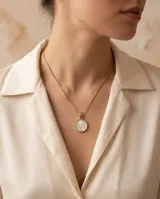 Collar de acero con baño de oro y cadena fina de eslabones, con un dije circular dorado que presenta una imagen en relieve de la Virgen sobre fondo de nácar.