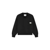 Buzo negro de cuello polo con escote en V, manga larga y bolsillo frontal aplicado con etiqueta distintiva de la marca.