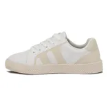 Championes deportivos de mujer, color blanco, con detalles en rosa y verde. Presentan cordones blancos y suela de goma texturizada.